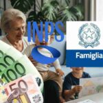 Una nonna gioca coi due nipotini e loghi INPS e Ministero della Famiglia con banconote in euro