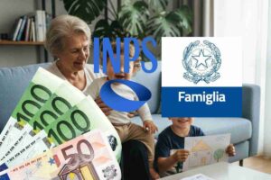 Una nonna gioca coi due nipotini e loghi INPS e Ministero della Famiglia con banconote in euro