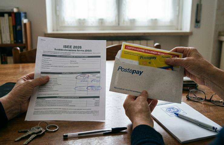 Documenti di ISEE e PostePay su tavolo tra mani di persone