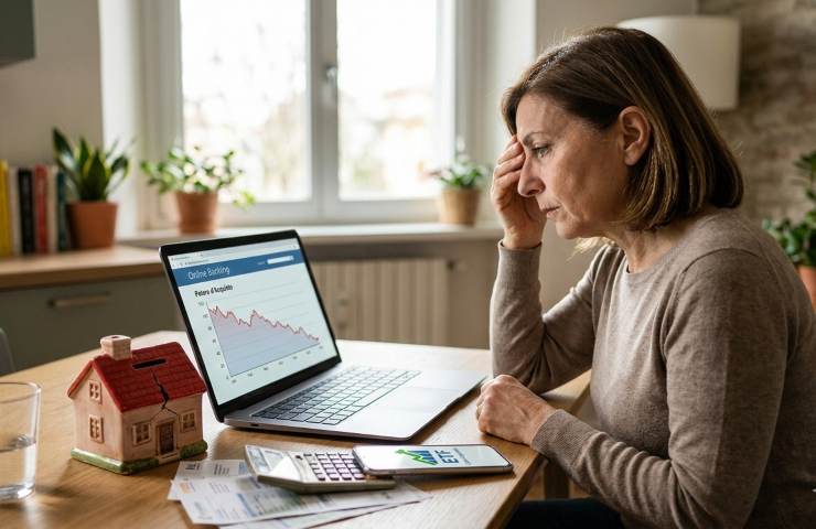 Donna che consulta il pc portatile su un tavolo