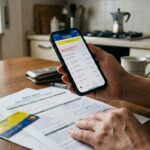 App di Poste Italiane aperta su smartphone con documenti su tavolo