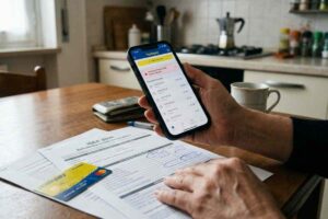 App di Poste Italiane aperta su smartphone con documenti su tavolo