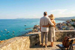 Un uomo e una donna in età pensionabile che ammirano il panorama marino