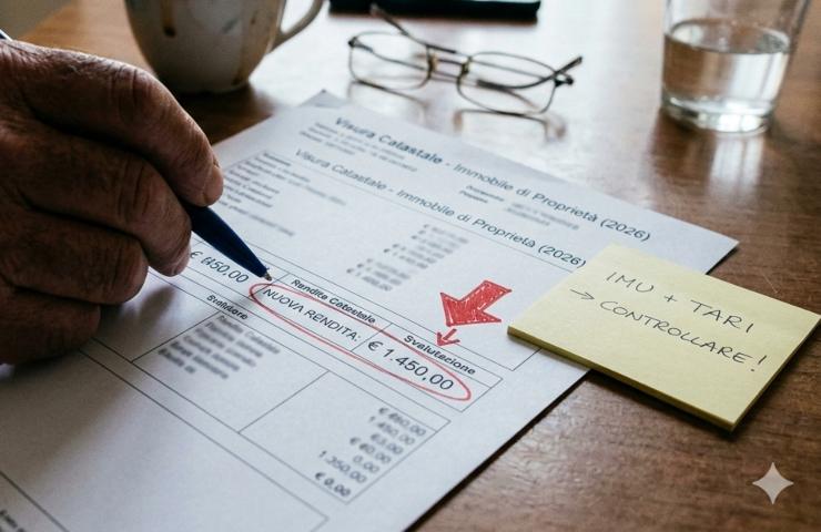 Documenti catastali su tavolo con oggetti vari