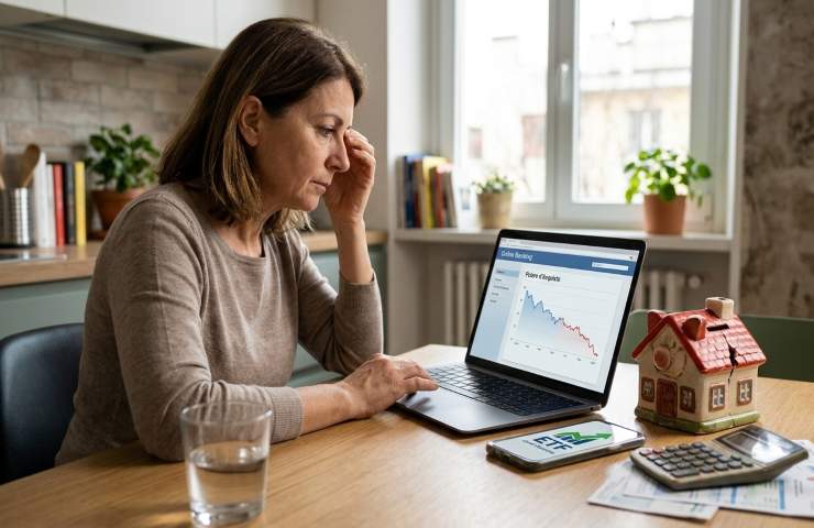 Donna di mezza età preoccupata che consulta informazioni finanziarie su pc portatile