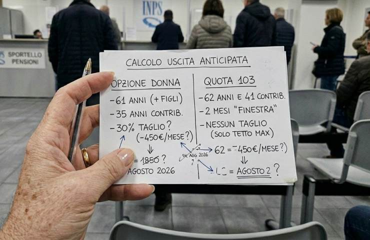 Appunti manuali su un foglio bianco in sala d'attesa INPS con lo schema dei requisiti 2026 per Opzione Donna e Quota 103 e simulazione del taglio dell'assegno