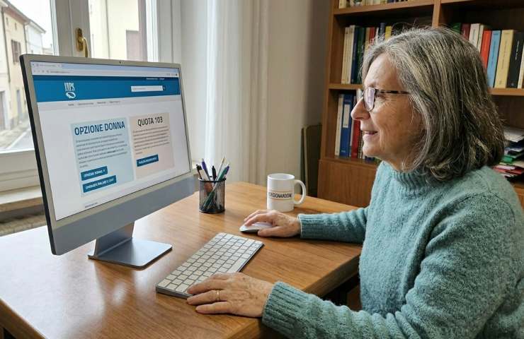 Donna in età pensionabile consulta il sito INPS su un computer desktop in un ufficio domestico; lo schermo mostra le sezioni dedicate a Opzione Donna e Quota 103 per il calcolo della pensione 2026