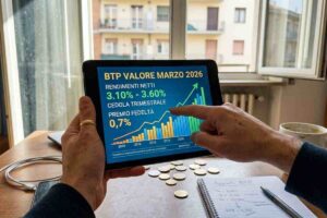 Mani di un investitore sul tablet con il grafico del BTP Valore Marzo 2026 e rendimenti netti 3,10%-3,60%