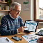 Pensionato sorridente consulta tabella coefficienti pensioni 2026 su tablet per calcolo liquidazione definitiva