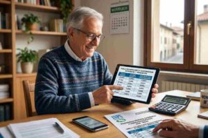 Pensionato sorridente consulta tabella coefficienti pensioni 2026 su tablet per calcolo liquidazione definitiva