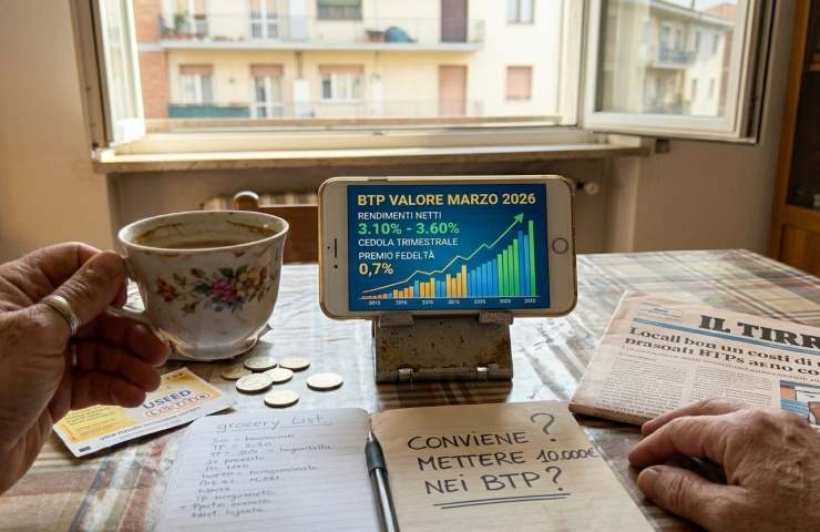 Mano che scrive "Conviene 10.000€?" su un taccuino accanto a un tablet con i rendimenti del BTP Valore 2026