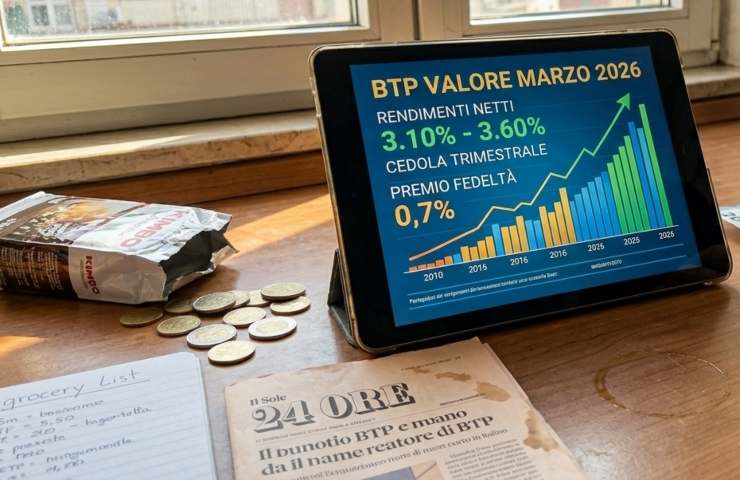 Tablet sul tavolo con rendimenti BTP Valore Marzo 2026 accanto a moka e copia de Il Sole 24 Ore