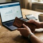 Portafogli vuoto aperto davanti a pc portatile acceso