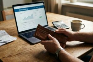 Portafogli vuoto aperto davanti a pc portatile acceso