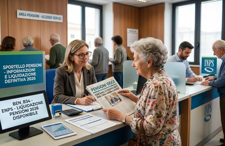 Ufficio INPS con pensionata allo sportello per consulenza su liquidazione definitiva pensioni marzo 2026.